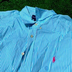 Vintage Polo by Ralph’s Lauren. Teal vertical stripes with pink pony.